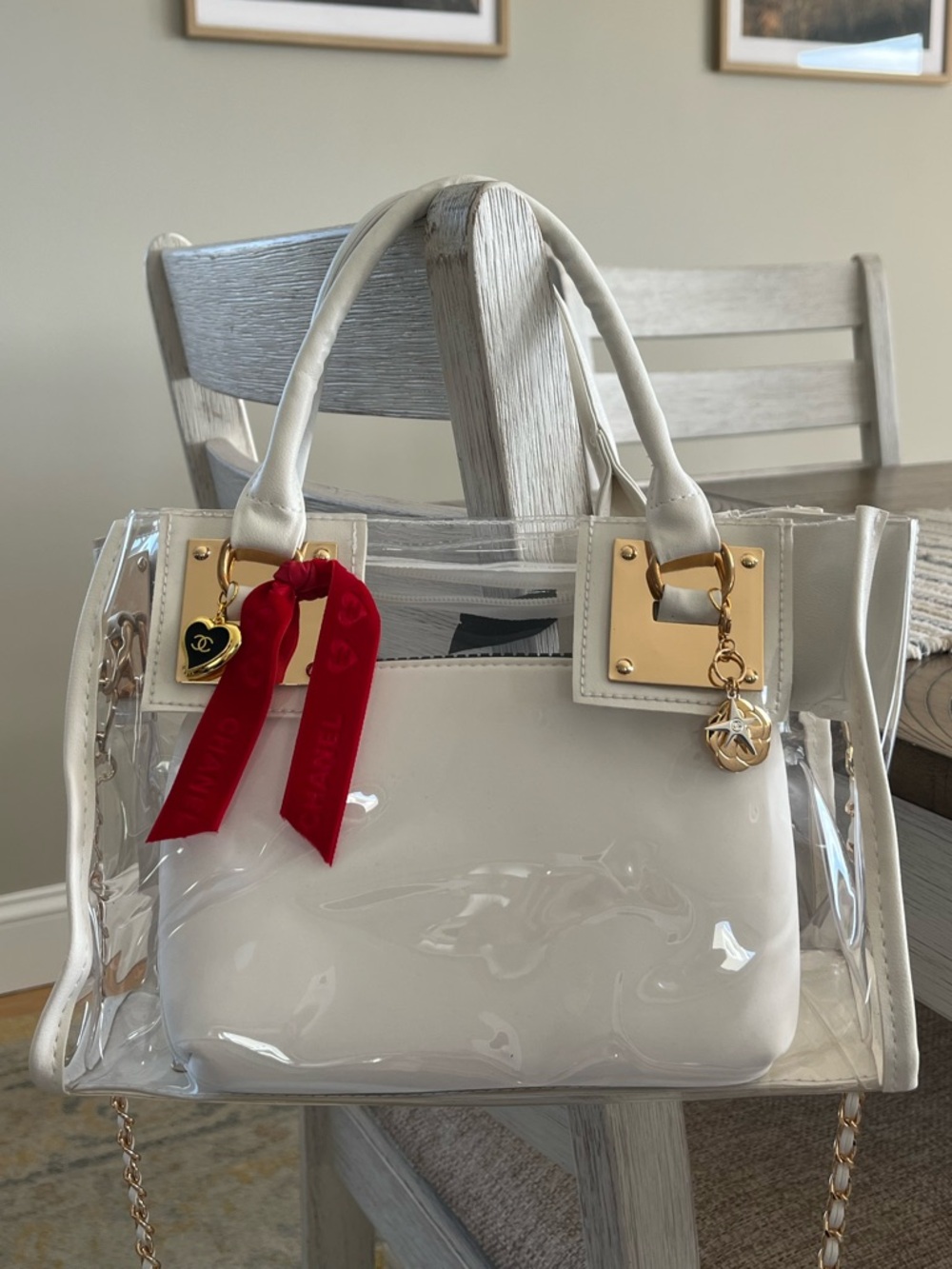 Custom Upcycled Chanel Beauté Clear Bag w Authentic Charms, Ribbon & Makeup Bag - Picture 13 of 16